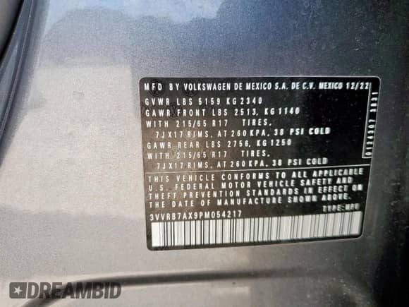 2023 Volkswagen Tiguan S с VIN 3VVRB7AX9PM054217, выставлен на аукционе Copart как лот 65826785 с пробегом 38 191 миль миль и Списание • Salvage title. История ставок и продаж доступна на DreamBid. Изображение 14.