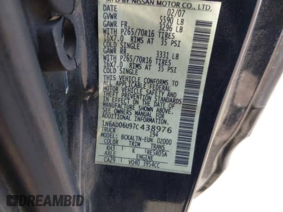 2007 Nissan Frontier SE with VIN 1N6AD06U97C438976, listed as a IAAI auction lot 42789593 with 287,033 mi miles and . Bid and sale history available at DreamBid. Image 9.