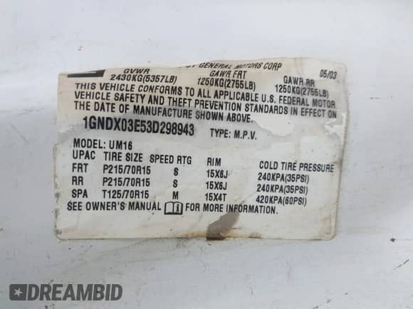 2003 Chevrolet Venture Y3G Mobility с VIN 1GNDX03E53D298943, выставлен на аукционе IAAI как лот 42473457 с пробегом 165 387 миль миль и . История ставок и продаж доступна на DreamBid. Изображение 9.