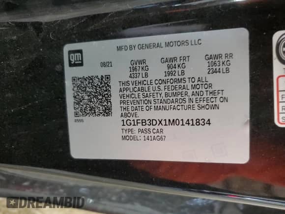 2021 Chevrolet Camaro 1LT with VIN 1G1FB3DX1M0141834, listed as a Copart auction lot 66292954 with 40,280 mi miles and Salvage title. Bid and sale history available at DreamBid. Image 13.