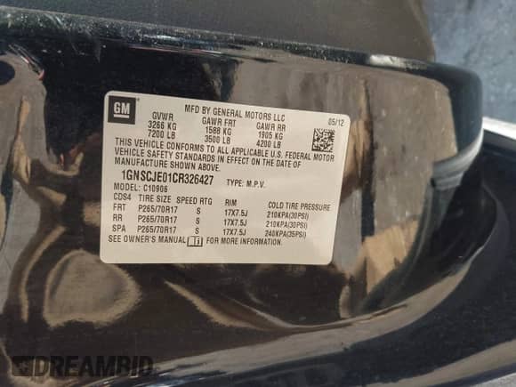 2012 Chevrolet Suburban LT с VIN 1GNSCJE01CR326427, выставлен на аукционе IAAI как лот 43266823 с пробегом 190 011 миль миль и . История ставок и продаж доступна на DreamBid. Изображение 9.