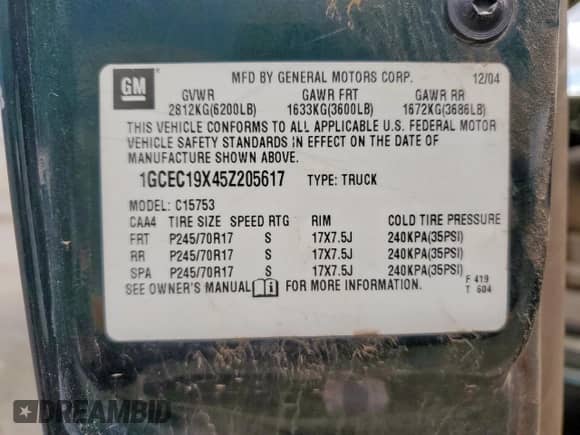 2005 Chevrolet Silverado 1500 Work Truck z VIN 1GCEC19X45Z205617, wystawiony jako Copart lot #80841085 z przebiegiem 167 998 mil mil oraz Czysty tytuł • Clean title. Historia ofert i sprzedaży dostępna na DreamBid. Obrazek 12.