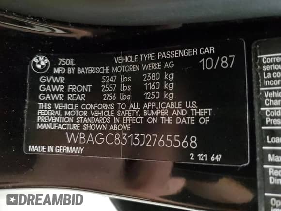 1988 BMW 7 Series with VIN WBAGC8313J2765568, listed as a Copart auction lot 59484085 with 81,010 mi miles and Salvage title. Bid and sale history available at DreamBid. Image 13.