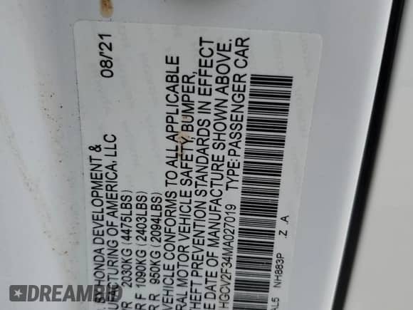 2021 Honda Accord Sport with VIN 1HGCV2F34MA027019, listed as a Copart auction lot 71133425 with 58,575 mi miles and Salvage title. Bid and sale history available at DreamBid. Image 13.