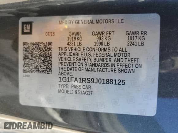 2018 Chevrolet Camaro 1LS с VIN 1G1FA1RS9J0188125, выставлен на аукционе Copart как лот 79361534 с пробегом 68 420 миль миль и Списание • Salvage title. История ставок и продаж доступна на DreamBid. Изображение 12.