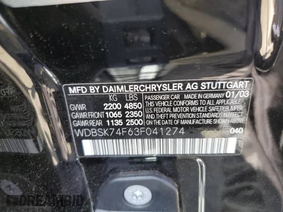 2003 Mercedes-Benz SL 55/63 AMG with VIN WDBSK74F63F041274, listed as a Copart auction lot 66630615 with Not provided miles and Salvage title. Bid and sale history available at DreamBid. Image 12.