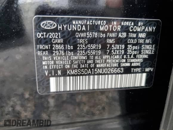 2022 Hyundai Santa Fe Limited with VIN KM8S5DA15NU026663, listed as a Copart auction lot 69520925 with 25,536 mi miles and Salvage title. Bid and sale history available at DreamBid. Image 14.