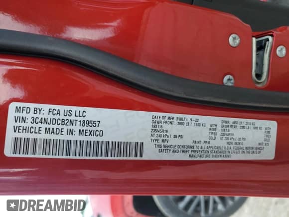 2022 Jeep Compass (RED) Edition with VIN 3C4NJDCB2NT189557, listed as a Copart auction lot 63570875 with 52,286 mi miles and Salvage title. Bid and sale history available at DreamBid. Image 14.