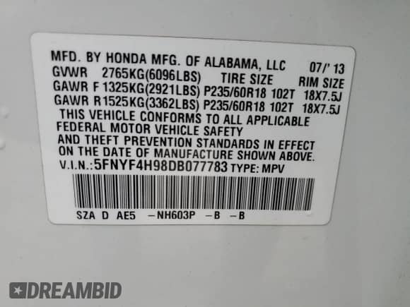 2013 Honda Pilot Touring with VIN 5FNYF4H98DB077783, listed as a Copart auction lot 81363165 with 195,188 mi miles and Clean title. Bid and sale history available at DreamBid. Image 13.