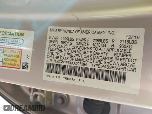 2019 Honda Accord EX-L z VIN 1HGCV1F54KA027594, wystawiony jako IAAI lot #43364827 z przebiegiem 84 120 mil mil oraz . Historia ofert i sprzedaży dostępna na DreamBid. Obrazek 9.