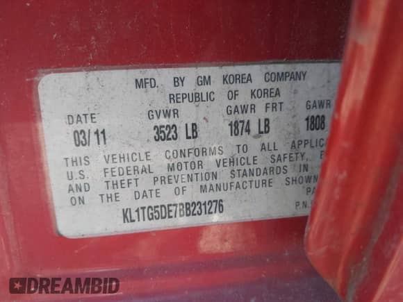 2011 Chevrolet Aveo 2LT z VIN KL1TG5DE7BB231276, wystawiony jako IAAI lot #43155206 z przebiegiem Nie podano mil oraz . Historia ofert i sprzedaży dostępna na DreamBid. Obrazek 9.