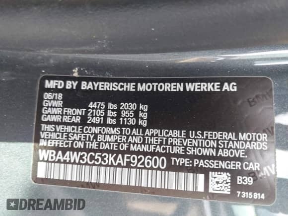 2019 BMW 4 Series 430i with VIN WBA4W3C53KAF92600, listed as a IAAI auction lot 41937759 with 111,589 mi miles and . Bid and sale history available at DreamBid. Image 9.