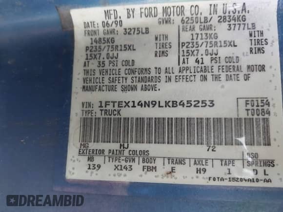 1990 Ford F-150 with VIN 1FTEX14N9LKB45253, listed as a IAAI auction lot 43464898 with 51,429 mi miles and . Bid and sale history available at DreamBid. Image 9.