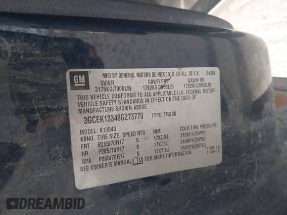 2008 Chevrolet Silverado 1500 LTZ with VIN 3GCEK13348G273770, listed as a IAAI auction lot 43038474 with 221,805 mi miles and . Bid and sale history available at DreamBid. Image 9.