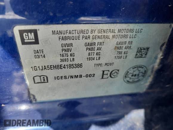 2014 Chevrolet Sonic LS with VIN 1G1JA5EH8E4185386, listed as a Copart auction lot 42765595 with Not provided miles and Salvage title. Bid and sale history available at DreamBid. Image 12.