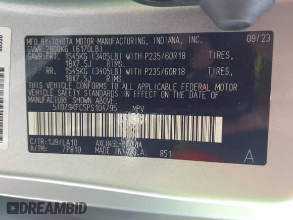 2023 Toyota Sienna Limited с VIN 5TDZSKFC5PS104795, выставлен на аукционе IAAI как лот 42573129 с пробегом 27 724 миль миль и . История ставок и продаж доступна на DreamBid. Изображение 9.