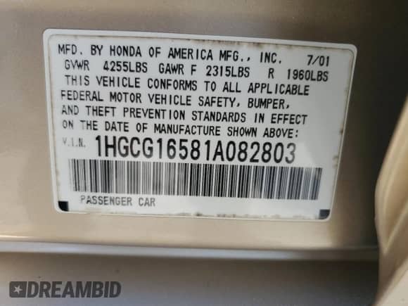 2001 Honda Accord EX z VIN 1HGCG16581A082803, wystawiony jako Copart lot #85073345 z przebiegiem 69 485 mil mil oraz Szkoda całkowita • Salvage title. Historia ofert i sprzedaży dostępna na DreamBid. Obrazek 12.