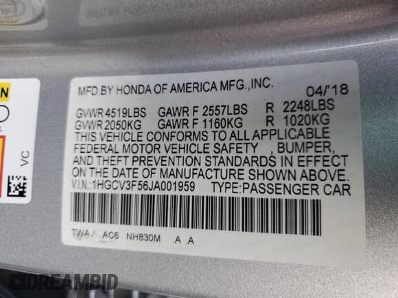 2018 Honda Accord EX-L z VIN 1HGCV3F56JA001959, wystawiony jako Copart lot #84534555 z przebiegiem 216 180 mil mil oraz Szkoda całkowita • Salvage title. Historia ofert i sprzedaży dostępna na DreamBid. Obrazek 12.