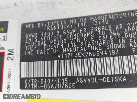 2011 Toyota Camry LE с VIN 4T1BF3EK2BU694197, выставлен на аукционе IAAI как лот 43134216 с пробегом 216 328 миль миль и . История ставок и продаж доступна на DreamBid. Изображение 9.