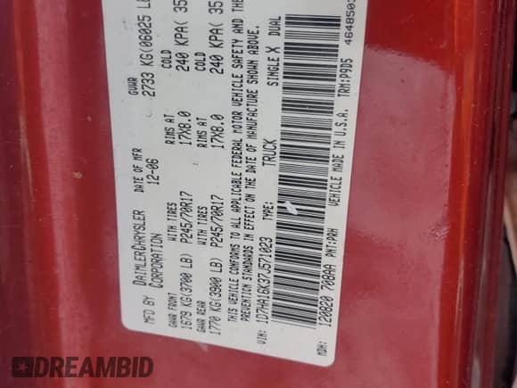 2007 Dodge 1500 ST z VIN 1D7HA16K37J571023, wystawiony jako Copart lot #81471884 z przebiegiem Nie podano mil oraz Szkoda całkowita • Salvage title. Historia ofert i sprzedaży dostępna na DreamBid. Obrazek 13.