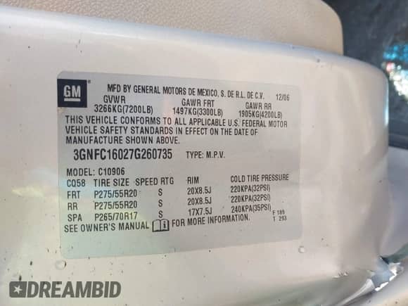 2007 Chevrolet Suburban LT с VIN 3GNFC16027G260735, выставлен на аукционе IAAI как лот 42584003 с пробегом 177 628 миль миль и . История ставок и продаж доступна на DreamBid. Изображение 9.