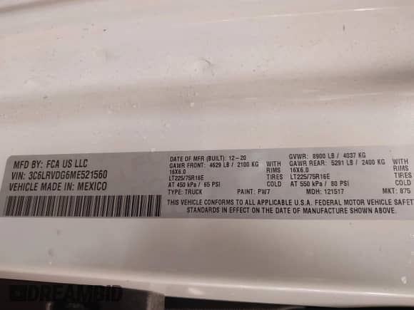 2021 Ram ProMaster Cargo with VIN 3C6LRVDG6ME521560, listed as a IAAI auction lot 42465192 with 80,115 mi miles and . Bid and sale history available at DreamBid. Image 9.