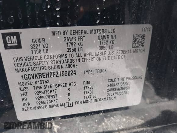 2015 Chevrolet Silverado 1500 LT z VIN 1GCVKREH0FZ195024, wystawiony jako IAAI lot #42761282 z przebiegiem Nie podano mil oraz . Historia ofert i sprzedaży dostępna na DreamBid. Obrazek 9.