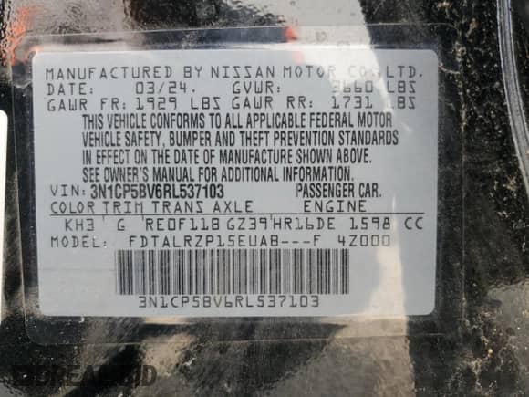 2024 Nissan Kicks S с VIN 3N1CP5BV6RL537103, выставлен на аукционе Copart как лот 58998165 с пробегом 12 897 миль миль и Списание • Salvage title. История ставок и продаж доступна на DreamBid. Изображение 13.