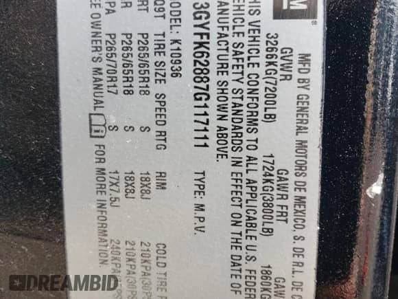 2007 Cadillac Escalade EXT with VIN 3GYFK62887G117111, listed as a Copart auction lot 62903245 with 171,123 mi miles and Salvage title. Bid and sale history available at DreamBid. Image 12.