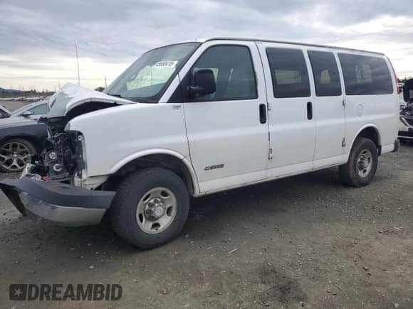2005 Chevrolet Express Passenger with VIN 1GAHG35U851250429, listed as a Copart auction lot 45600415 with Not provided miles and Salvage title. Bid and sale history available at DreamBid. Image 1.