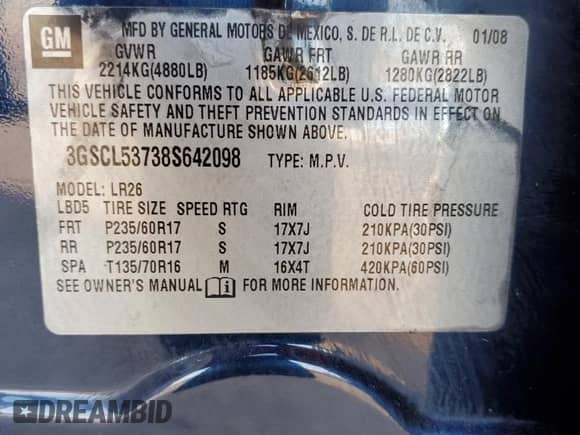 2008 Saturn VUE XR with VIN 3GSCL53738S642098, listed as a Copart auction lot 79941424 with 142,713 mi miles and Salvage title. Bid and sale history available at DreamBid. Image 15.