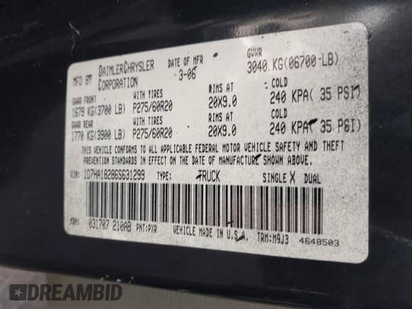 2006 Dodge 1500 Laramie with VIN 1D7HA18286S631299, listed as a IAAI auction lot 41519057 with 198,056 mi miles and . Bid and sale history available at DreamBid. Image 9.