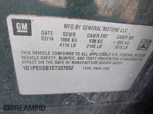 2014 Chevrolet Cruze 2LT с VIN 1G1PE5SB7E7307832, выставлен на аукционе IAAI как лот 43182061 с пробегом 146 321 миль миль и . История ставок и продаж доступна на DreamBid. Изображение 9.