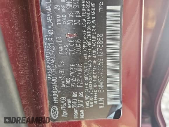 2009 Hyundai Santa Fe GLS с VIN 5NMSG73D59H278868, выставлен на аукционе Copart как лот 82072845 с пробегом 165 995 миль миль и Списание • Salvage title. История ставок и продаж доступна на DreamBid. Изображение 13.