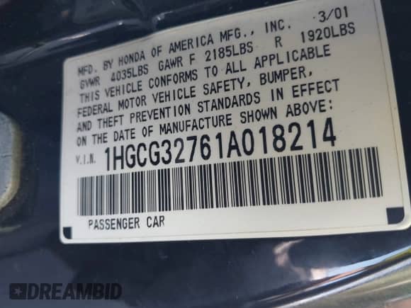 2001 Honda Accord EX with VIN 1HGCG32761A018214, listed as a IAAI auction lot 42225412 with 204,648 mi miles and . Bid and sale history available at DreamBid. Image 9.