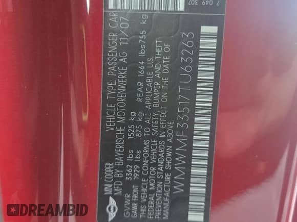 2007 MINI Hardtop с VIN WMWMF33517TU63263, выставлен на аукционе Copart как лот 85209115 с пробегом 124 207 миль миль и Чистый • Clean title. История ставок и продаж доступна на DreamBid. Изображение 10.