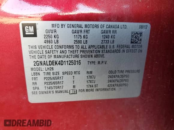 2013 Chevrolet Equinox LT with VIN 2GNALDEK4D1125016, listed as a Copart auction lot 71873155 with 106,819 mi miles and Salvage title. Bid and sale history available at DreamBid. Image 13.