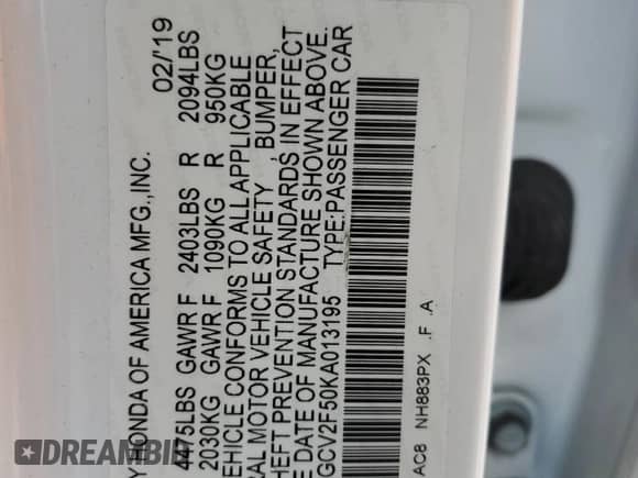 2019 Honda Accord EX-L with VIN 1HGCV2F50KA013195, listed as a Copart auction lot 86718415 with 43,527 mi miles and Salvage title. Bid and sale history available at DreamBid. Image 12.