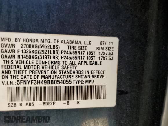 2011 Honda Pilot EX with VIN 5FNYF3H49BB054055, listed as a Copart auction lot 70037665 with 153,608 mi miles and Clean title. Bid and sale history available at DreamBid. Image 13.