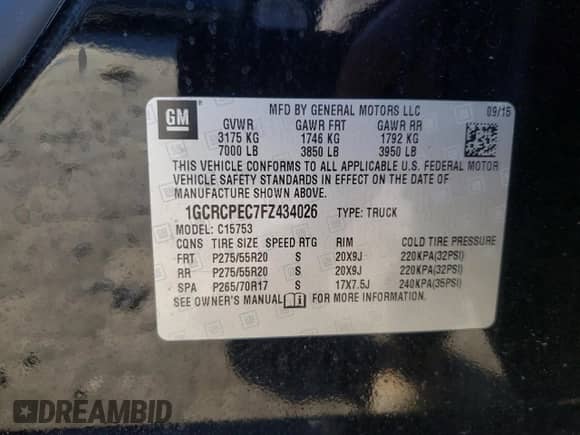 2015 Chevrolet Silverado 1500 Work Truck with VIN 1GCRCPEC7FZ434026, listed as a Copart auction lot 45125935 with 179,858 mi miles and Salvage title. Bid and sale history available at DreamBid. Image 12.