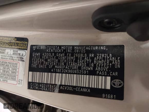 2006 Toyota Camry STD with VIN 4T1BE32K96U652591, listed as a IAAI auction lot 42830609 with Not provided miles and . Bid and sale history available at DreamBid. Image 9.