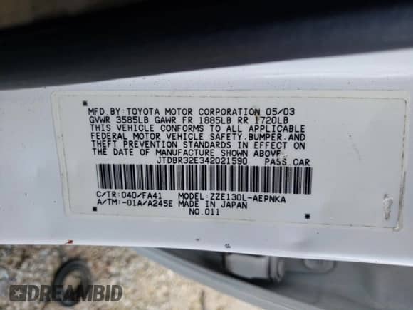 2004 Toyota Corolla LE с VIN JTDBR32E342021590, выставлен на аукционе Copart как лот 82482905 с пробегом 105 721 миль миль и Списание • Salvage title. История ставок и продаж доступна на DreamBid. Изображение 12.