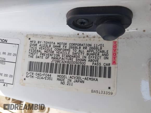 2002 Toyota Camry LE z VIN JTDBE32K820050500, wystawiony jako IAAI lot #42443589 z przebiegiem 262 287 mil mil oraz . Historia ofert i sprzedaży dostępna na DreamBid. Obrazek 9.