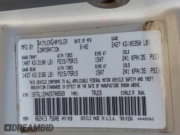2002 Dodge Dakota z VIN 1B7GL12X42S708569, wystawiony jako IAAI lot #43535850 z przebiegiem 225 885 mil mil oraz . Historia ofert i sprzedaży dostępna na DreamBid. Obrazek 9.