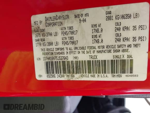 2005 Dodge 1500 SLT with VIN 1D7HA16N75J537643, listed as a IAAI auction lot 43402579 with 241,251 mi miles and . Bid and sale history available at DreamBid. Image 9.