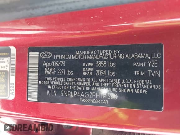 2023 Hyundai Elantra Limited with VIN 5NPLP4AG2PH114560, listed as a IAAI auction lot 43013435 with 24,044 mi miles and . Bid and sale history available at DreamBid. Image 9.