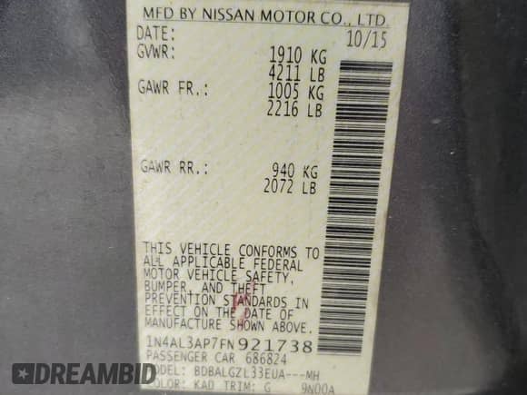 2015 Nissan Altima SL with VIN 1N4AL3AP7FN921738, listed as a Copart auction lot 85676165 with 186,698 mi miles and Salvage title. Bid and sale history available at DreamBid. Image 12.