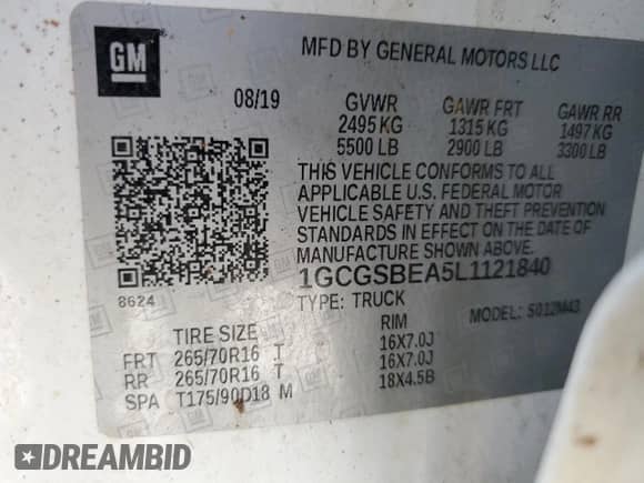 2020 Chevrolet Colorado 2WD Work Truck с VIN 1GCGSBEA5L1121840, выставлен на аукционе Copart как лот 56361255 с пробегом Не указан миль и Списание • Salvage title. История ставок и продаж доступна на DreamBid. Изображение 12.
