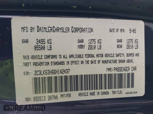 2006 Chrysler 300 C with VIN 2C3LK63H66H142437, listed as a IAAI auction lot 41751890 with 57,374 mi miles and . Bid and sale history available at DreamBid. Image 9.