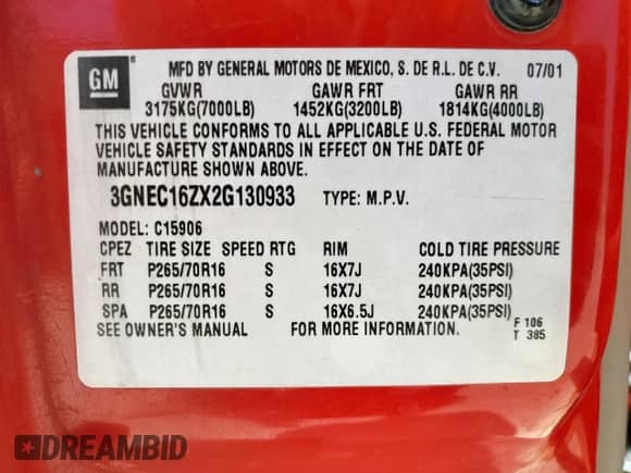 2002 Chevrolet Suburban LS с VIN 3GNEC16ZX2G130933, выставлен на аукционе Copart как лот 59340045 с пробегом Не указан миль и Списание • Salvage title. История ставок и продаж доступна на DreamBid. Изображение 14.